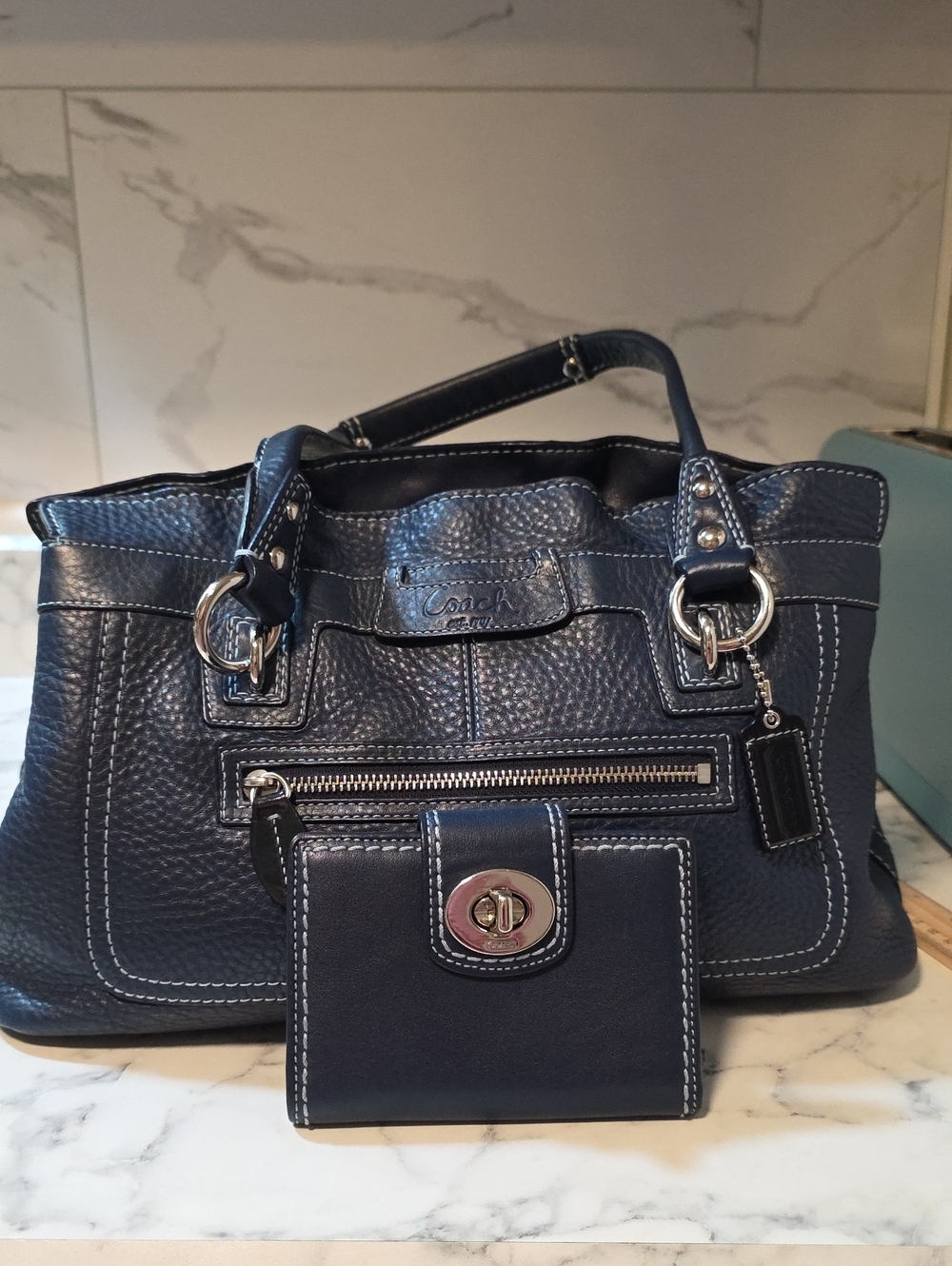Coach Navy Leather Tote with Matching Wallet